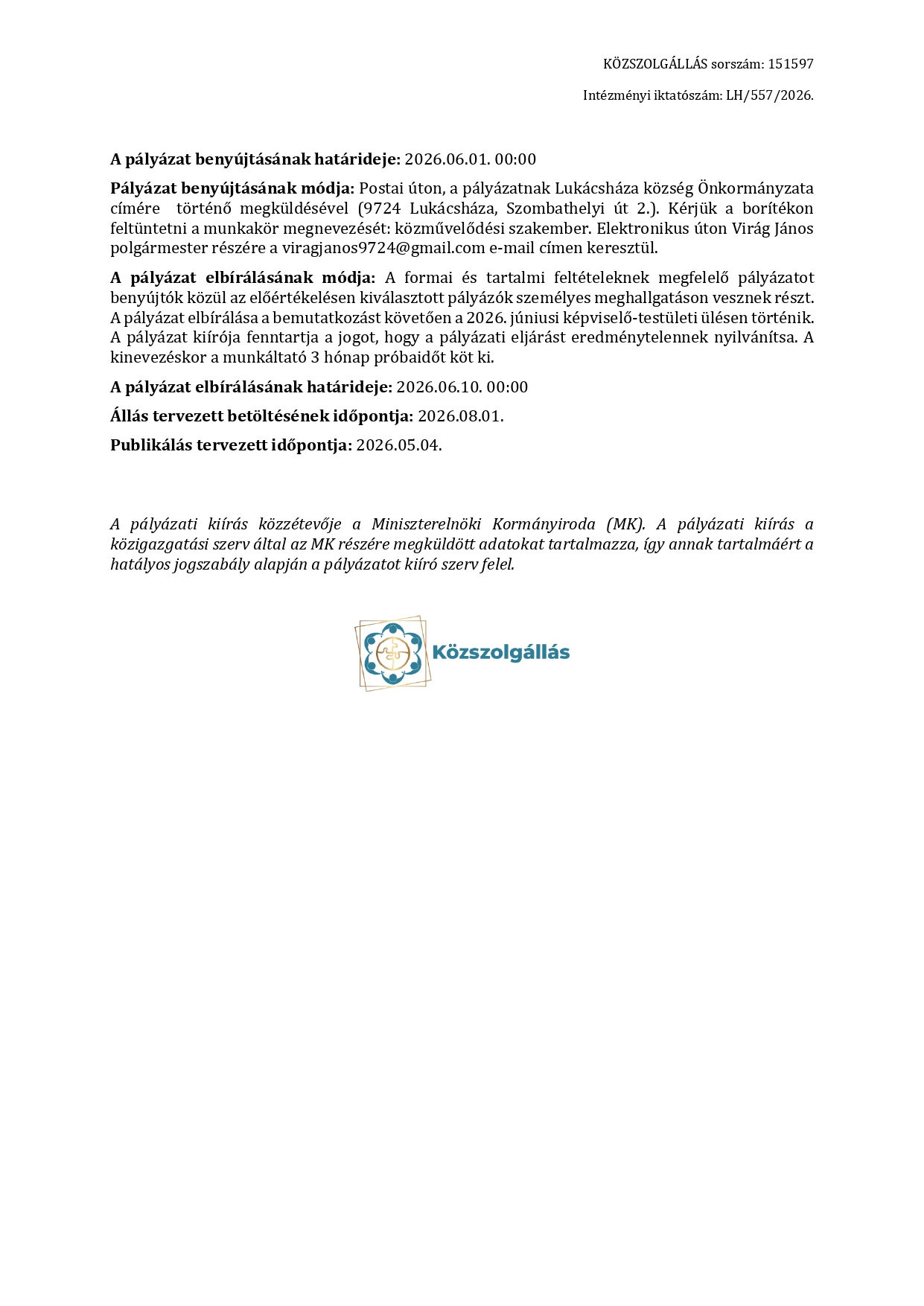 Közművelődési szakember Álláspályázat